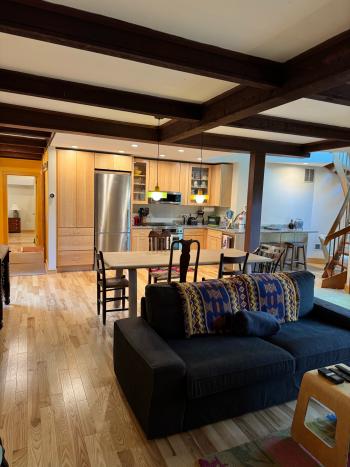 Open-concept kitchen, dining, and living room remodel.