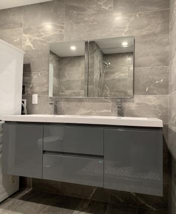 Dual sink and countertop with storage.