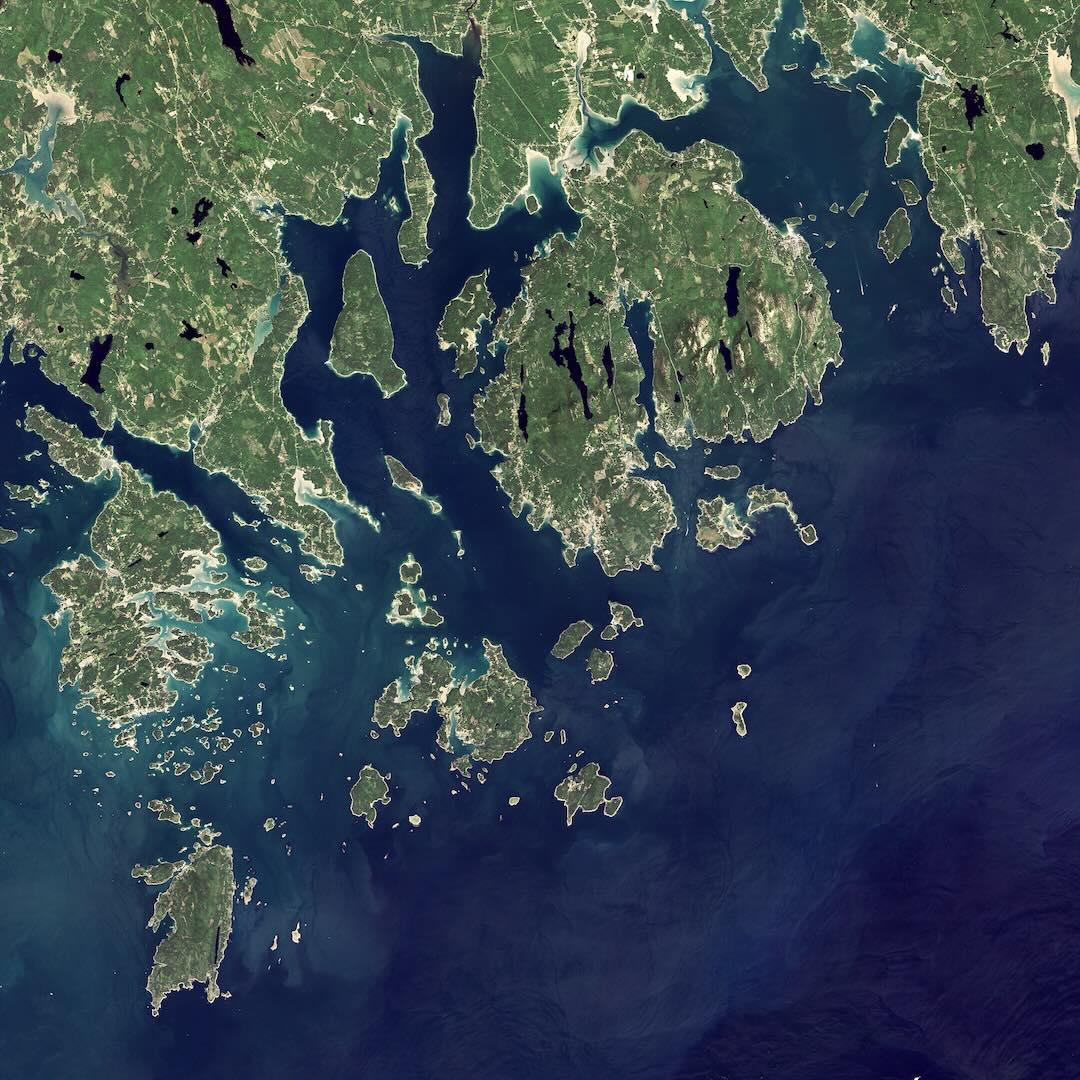 Satellite view of the Coast of Maine, including Mount Desert Island and Acadia National Park.