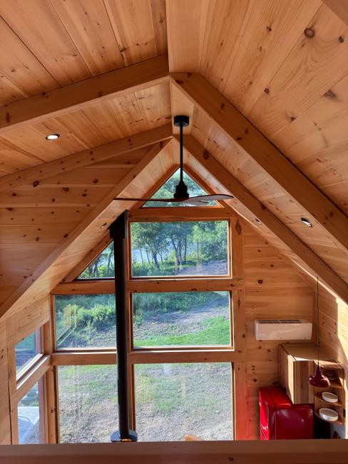 A-frame roofline view from inside the cabin.