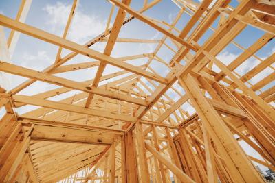 Post and beam framing under construction.